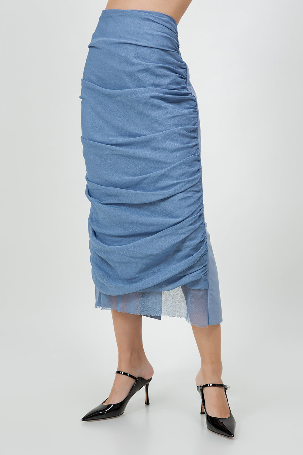ORGANZA MIX RUCHED MIDI LENGTH SKIRT - DENIM BLUE