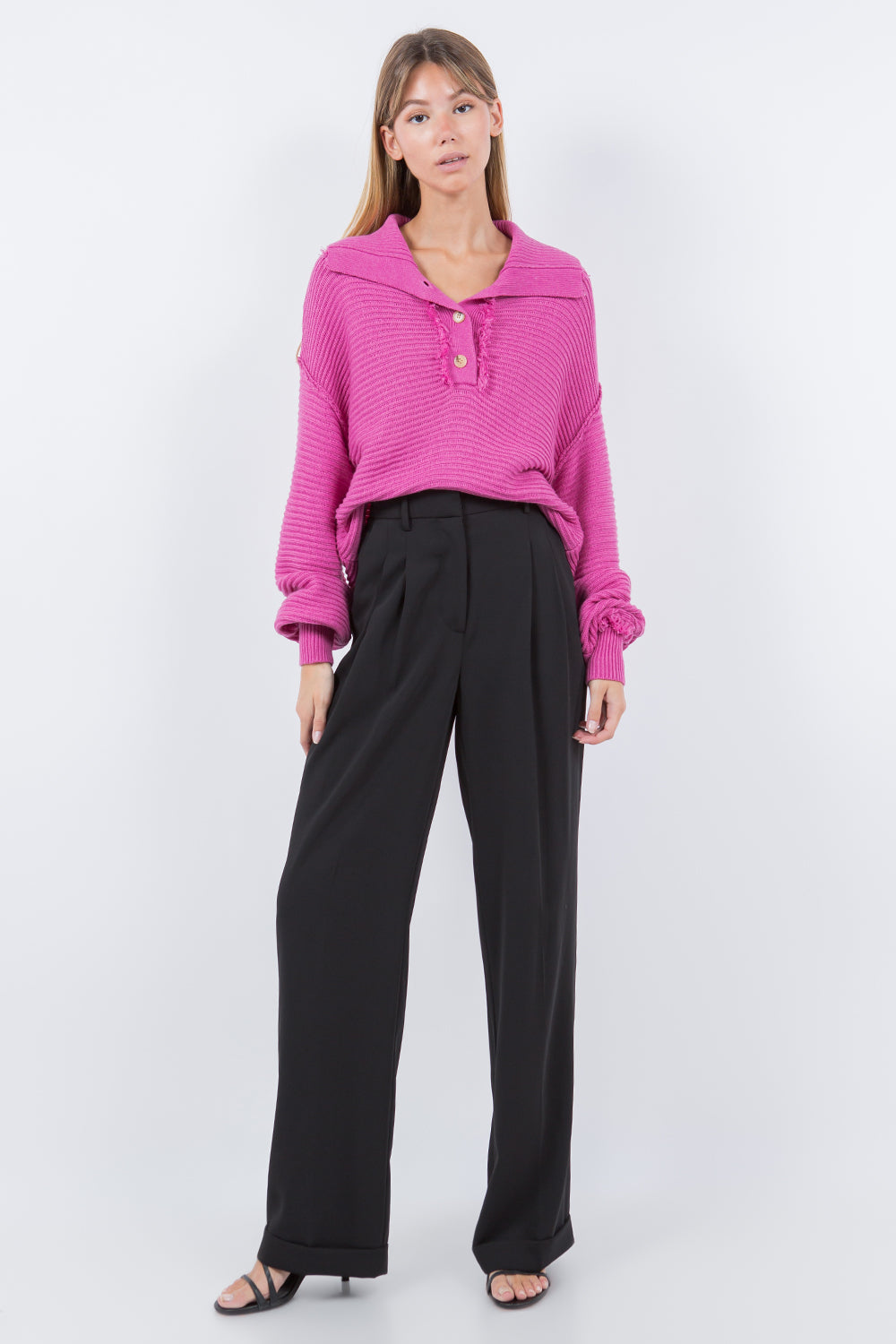 WIDE COLLAR KNITTED SWEATER PULLOVER FUCHSIA