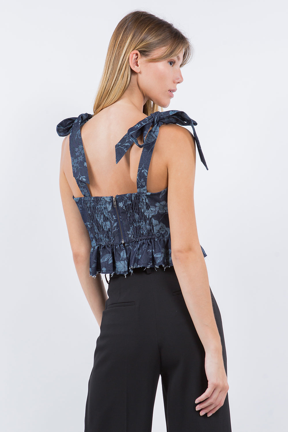 DENIM FLORAL PRINT BOW TIE TOP