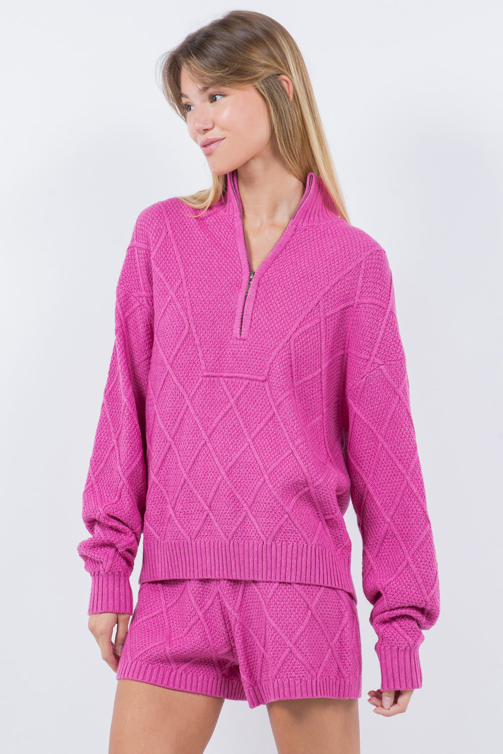HALF ZIP UP SWEATER TOP FUCHSIA