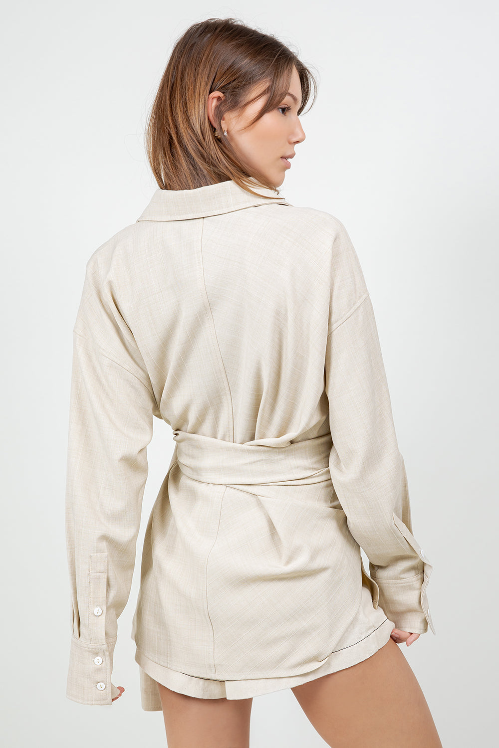 STRIPED WRAP DETAILED BUTTON DOWN SHIRT - TAUPE
