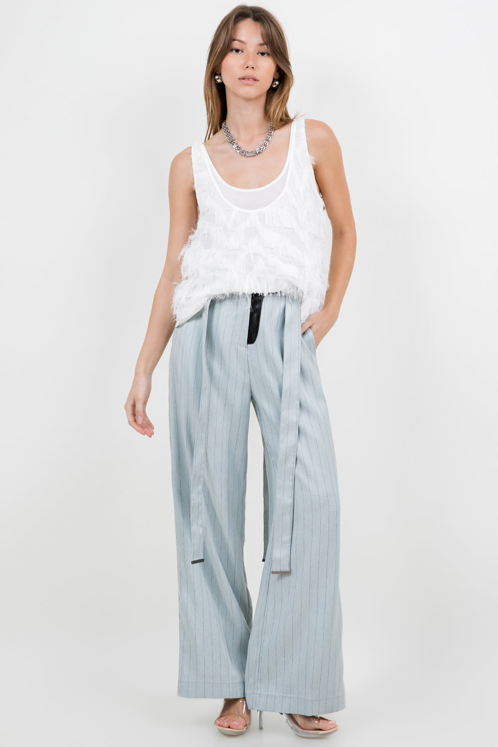 TEXTURED FRINGE DOUBLE LAYER TANK TOP - WHITE