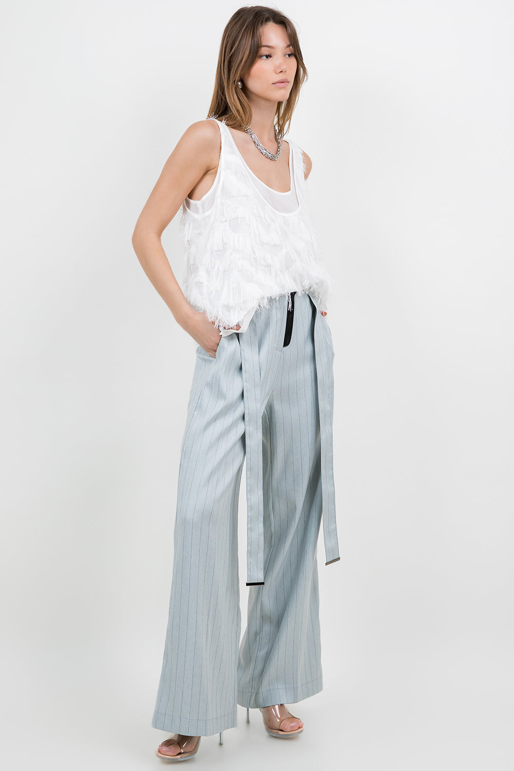 TEXTURED FRINGE DOUBLE LAYER TANK TOP - WHITE