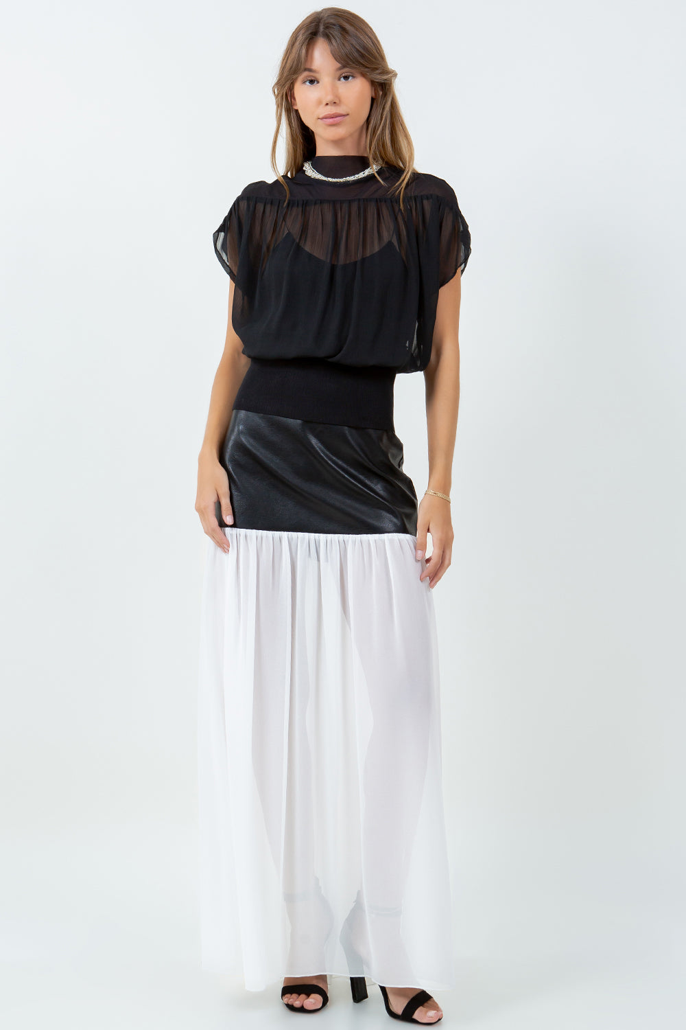 FABRIC MIXED SEMI SHEER BLOUSE - BLACK