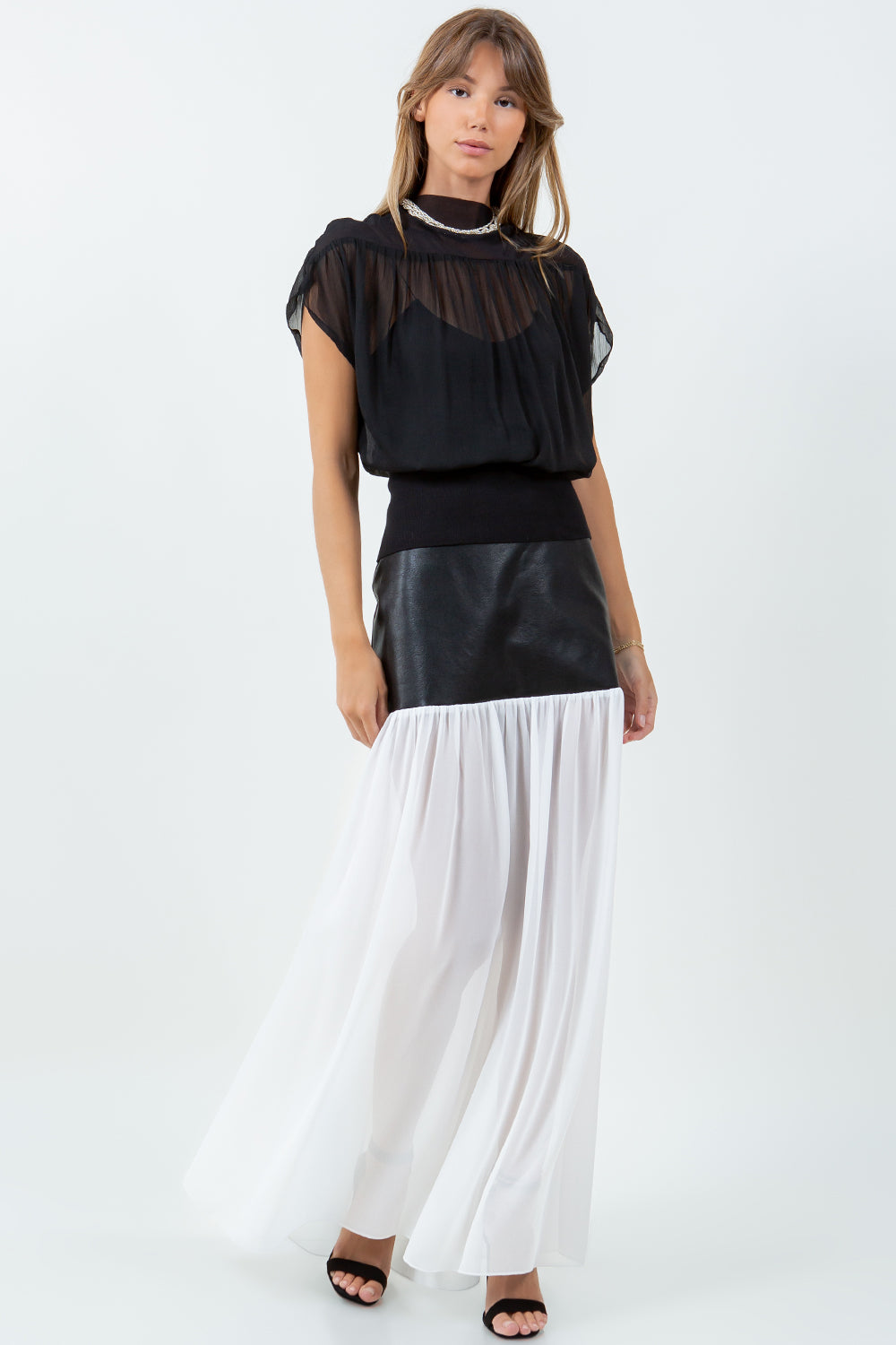 FABRIC MIXED SEMI SHEER BLOUSE - BLACK