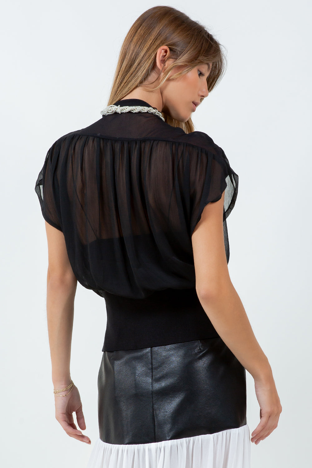 FABRIC MIXED SEMI SHEER BLOUSE - BLACK