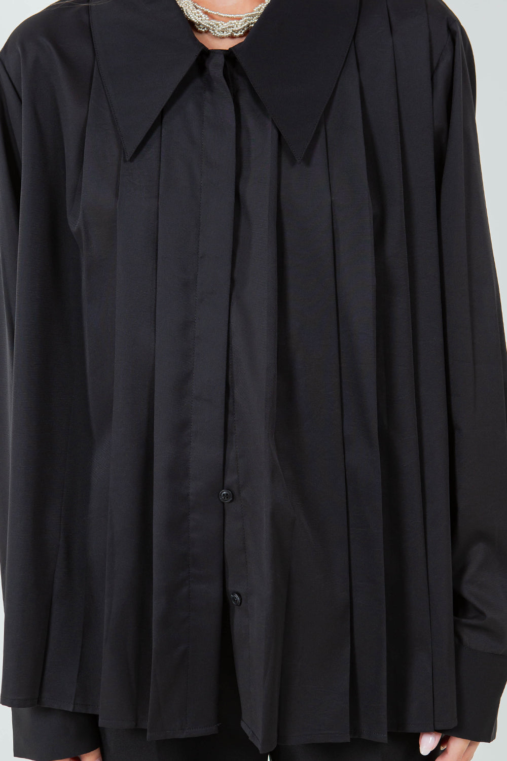 ASYMMETRICAL PLEATING COLLARED SHIRT - BLACK - Whiteroom+Cactus