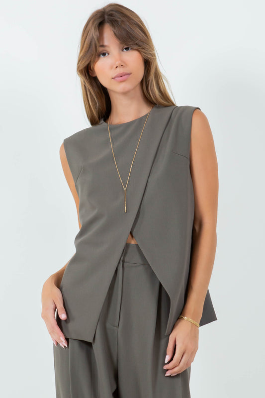 OVERLAP DETAILED WOVEN SLEEVELESS TOP - DK OLIVE