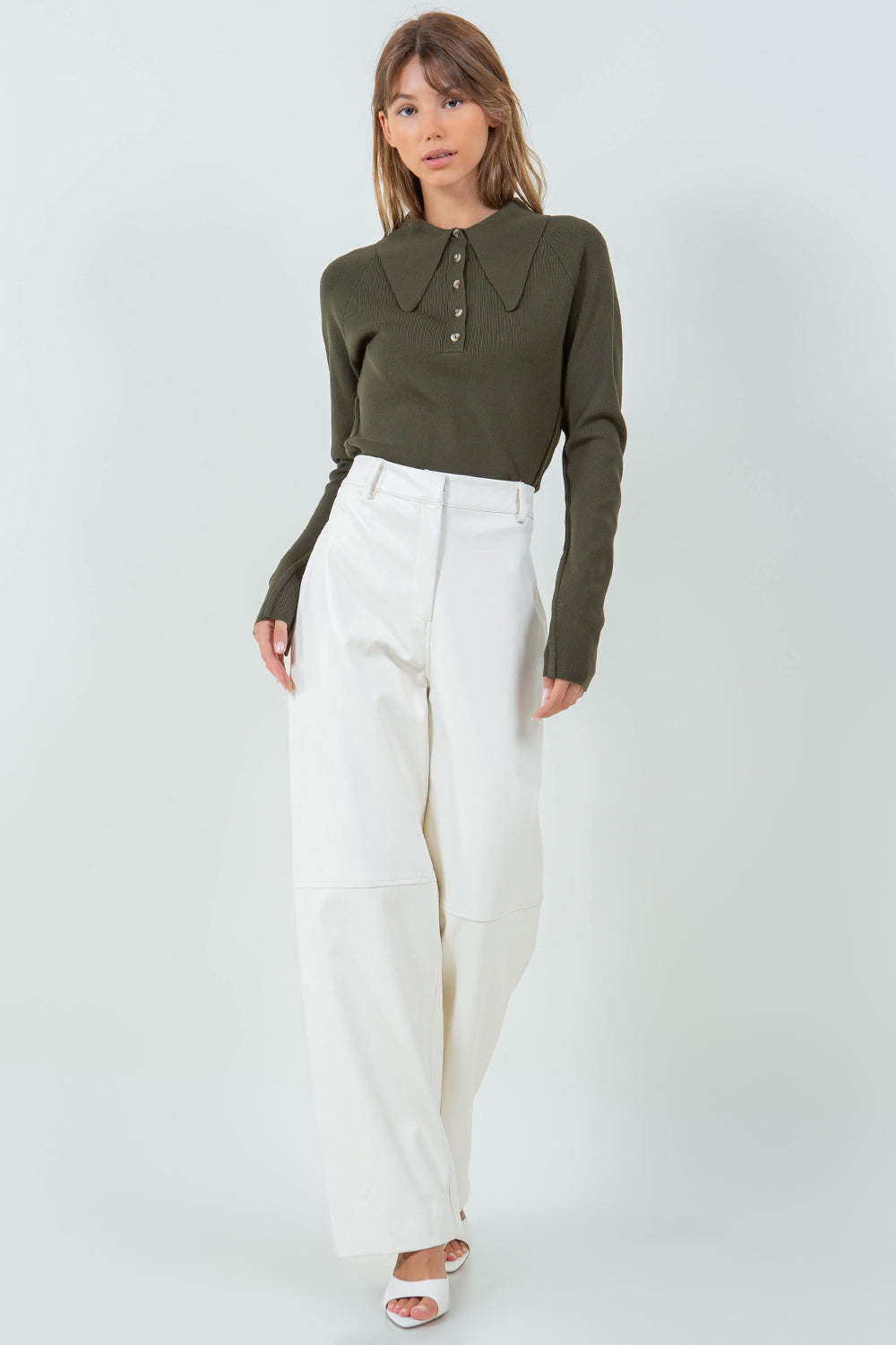 ABSTRACT SEAMS COLLARED KNIT SWEATER - OLIVE