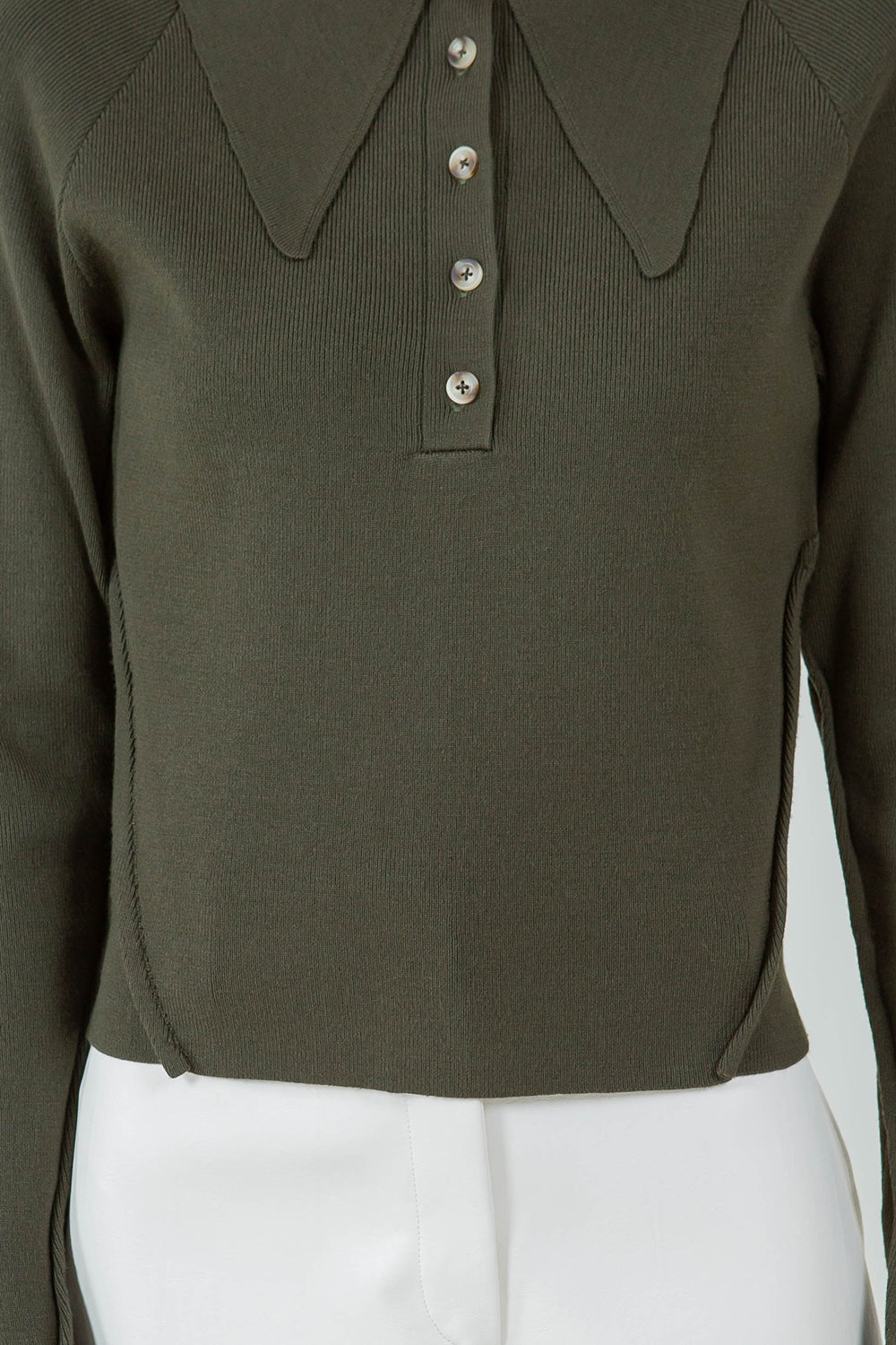 ABSTRACT SEAMS COLLARED KNIT SWEATER - OLIVE