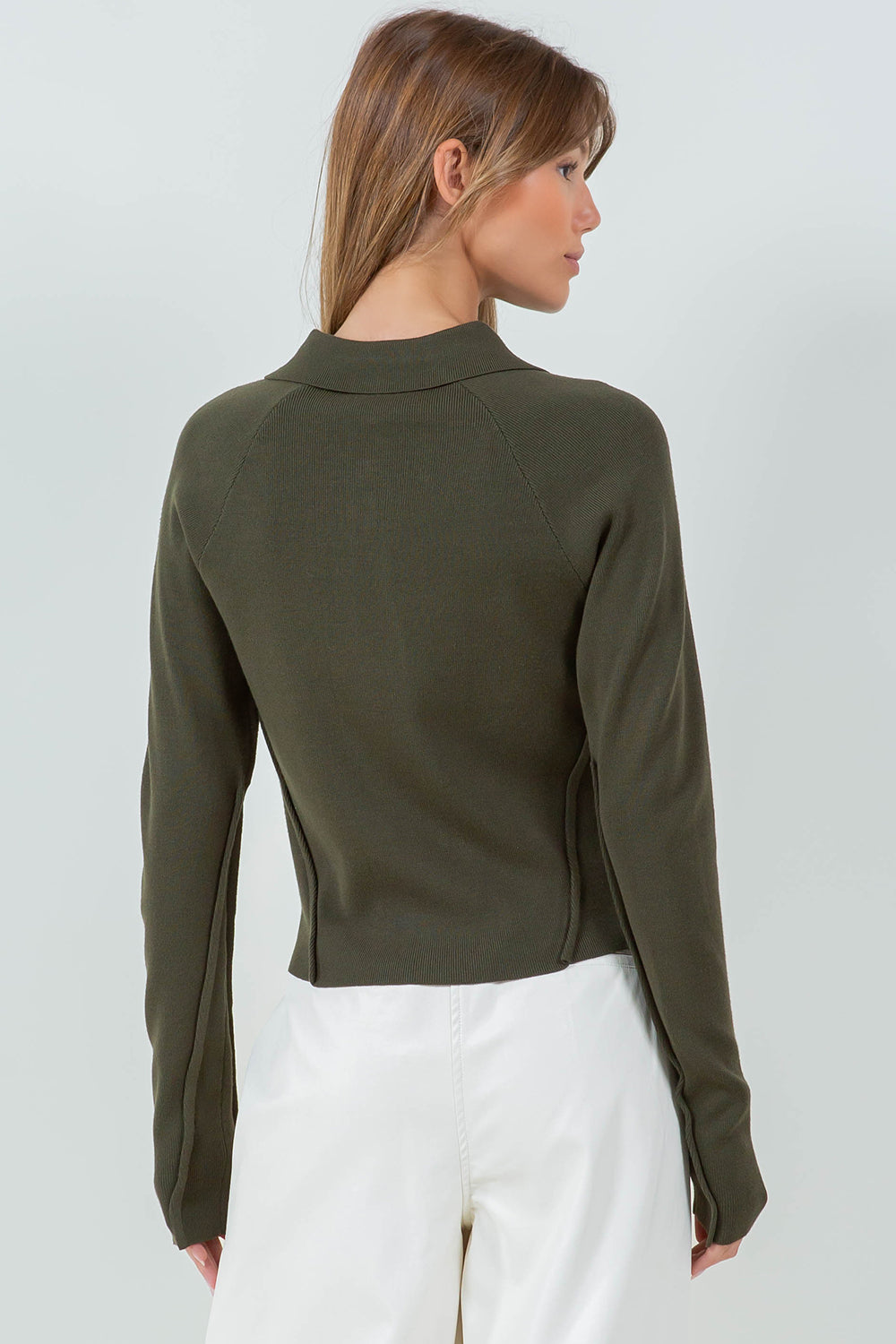 ABSTRACT SEAMS COLLARED KNIT SWEATER - OLIVE