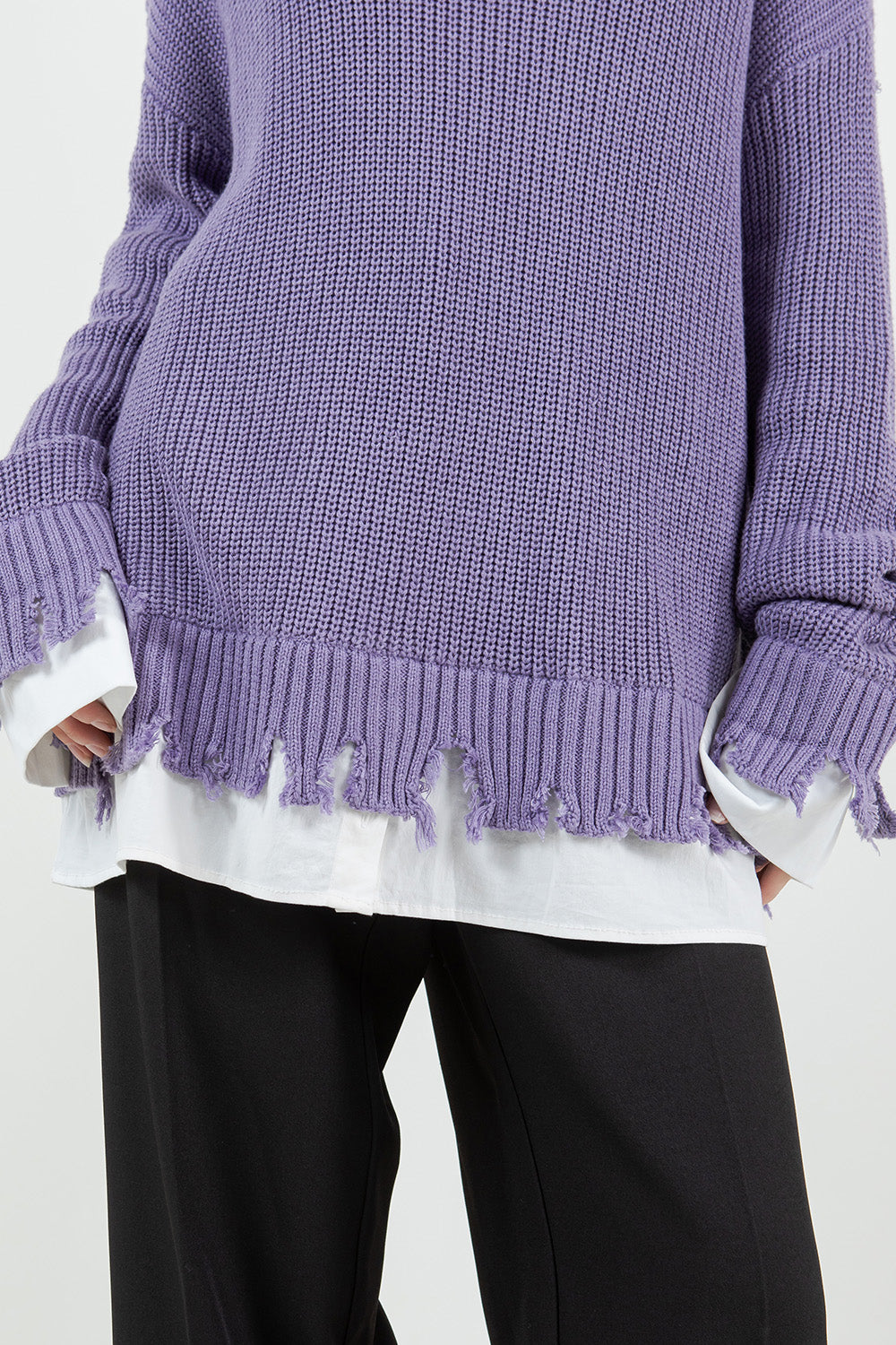 DISTRESSED POPLIN CONTRAST KNITTED SWEATER - LAVENDER/WHITE - Whiteroom+Cactus