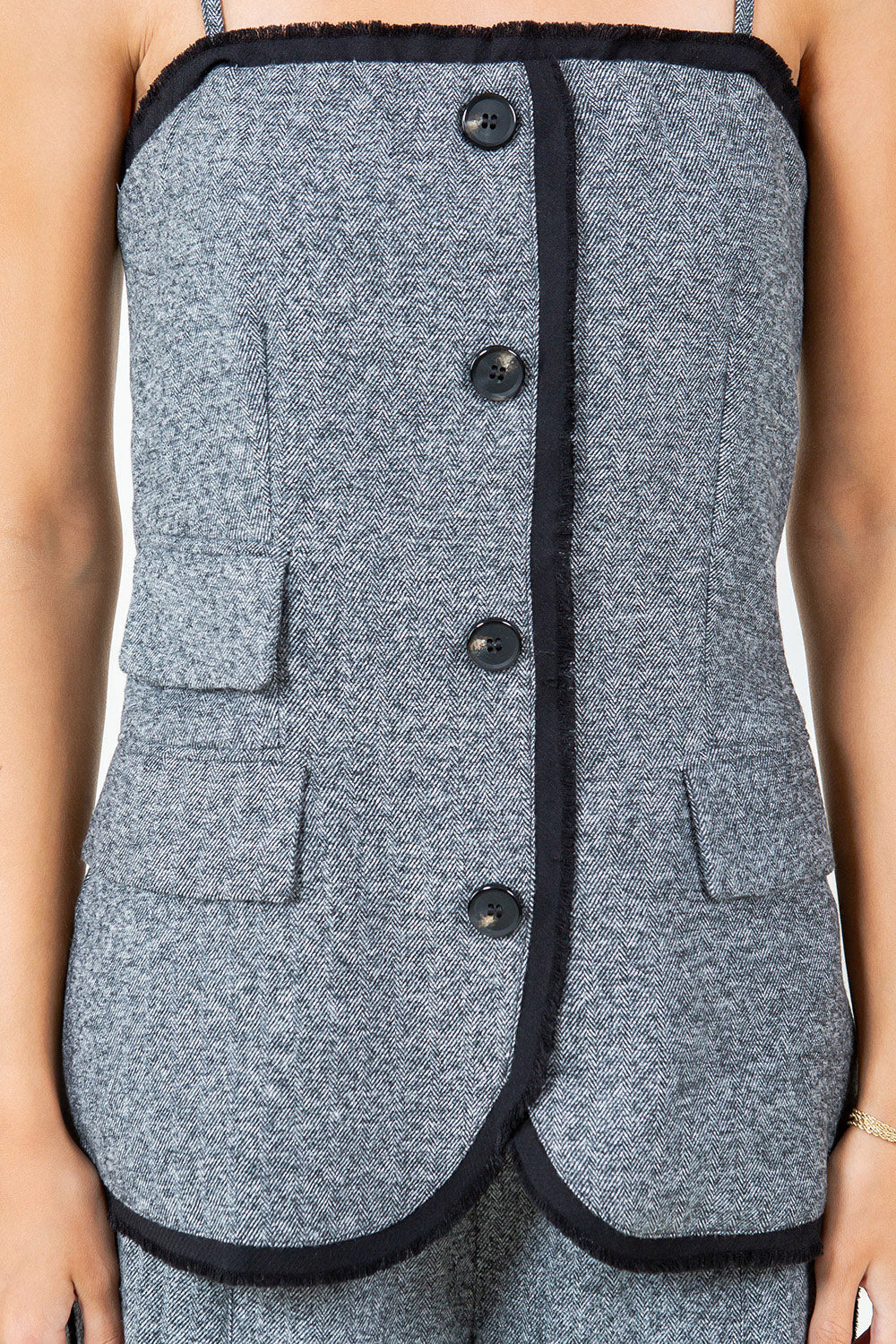 HERRINGBONE FRAY HEMMED DETACHABLE STRAPS TOP - GREY/BLACK