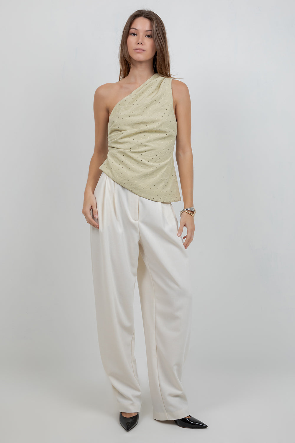 ASYMMETRICAL ONE SHOULDER POLKA DOT TOP