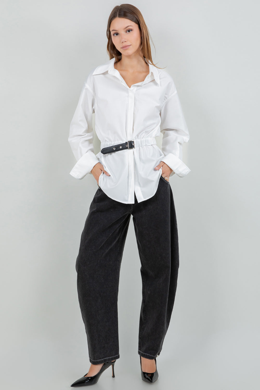 POPLIN BUTTON DOWN SHIRT WITH PU WAIST BELT - WHITE