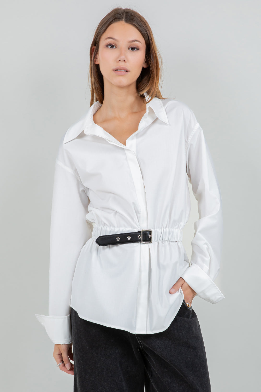 POPLIN BUTTON DOWN SHIRT WITH PU WAIST BELT - WHITE