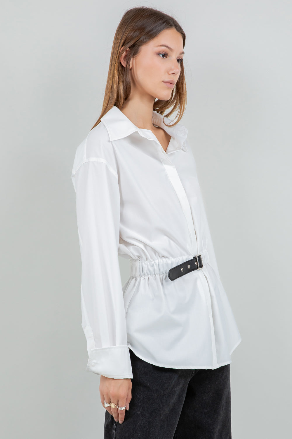 POPLIN BUTTON DOWN SHIRT WITH PU WAIST BELT - WHITE