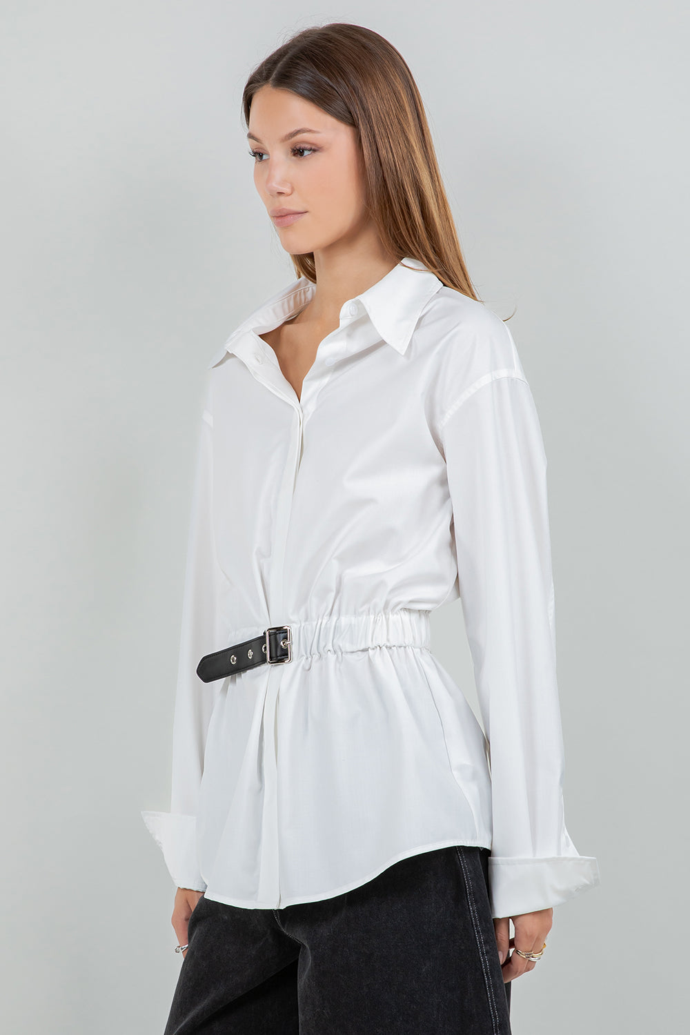 POPLIN BUTTON DOWN SHIRT WITH PU WAIST BELT - WHITE