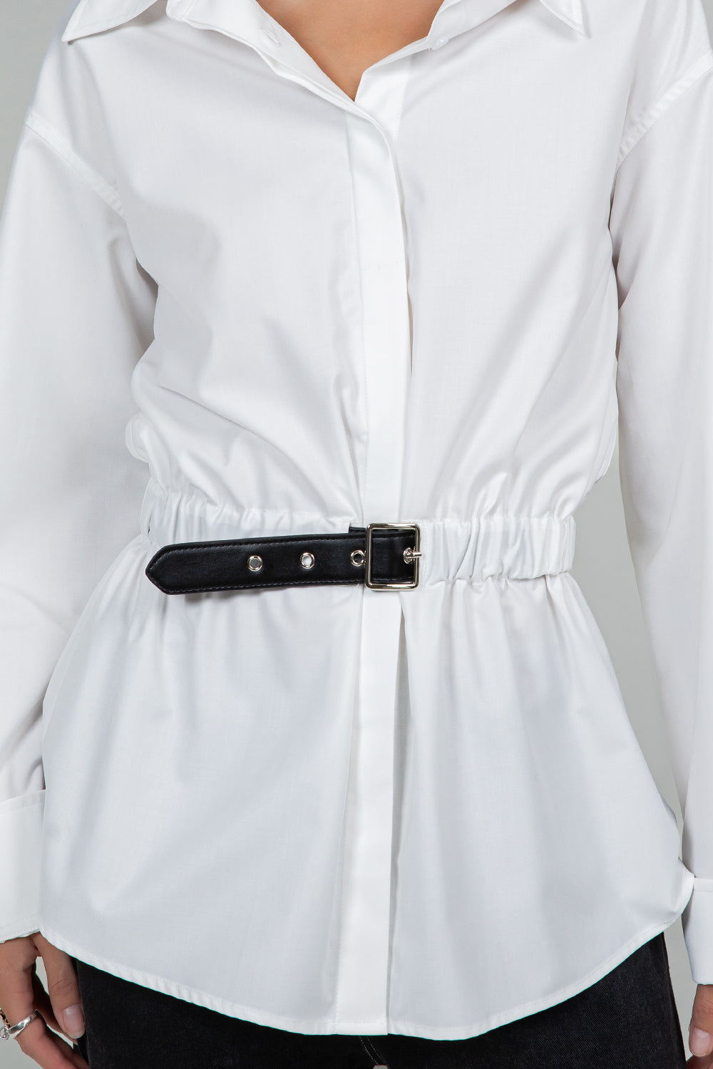 POPLIN BUTTON DOWN SHIRT WITH PU WAIST BELT - WHITE