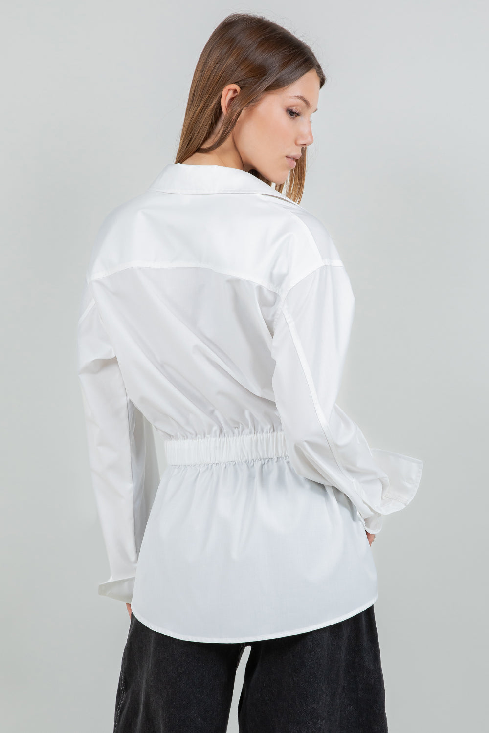 POPLIN BUTTON DOWN SHIRT WITH PU WAIST BELT - WHITE