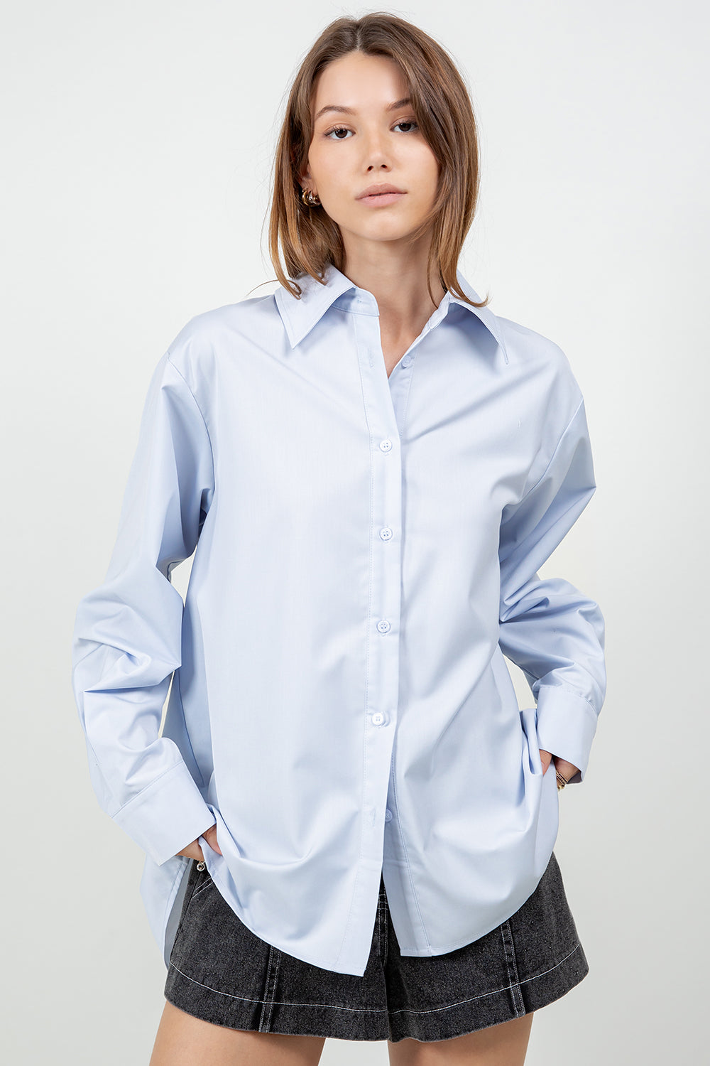 MULTI WEAR BACK PLACKET DETAILED POPLIN SHIRT - CHAMBRAY