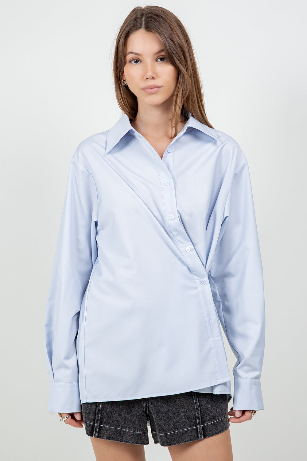 MULTI WEAR BACK PLACKET DETAILED POPLIN SHIRT - CHAMBRAY