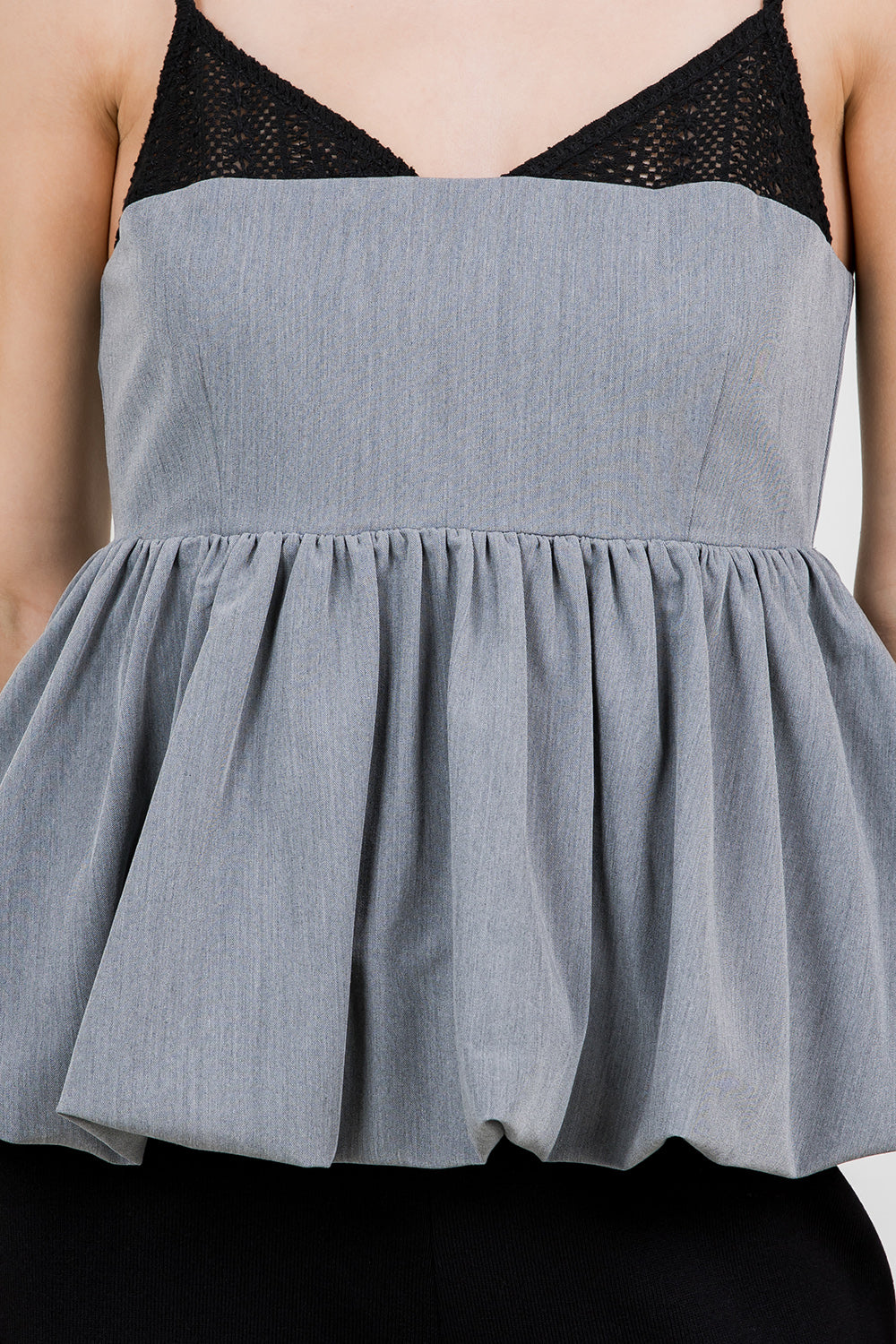 CROCHET WOVEN MIX PEPLUM TANK TOP - CHARCOAL/BLACK