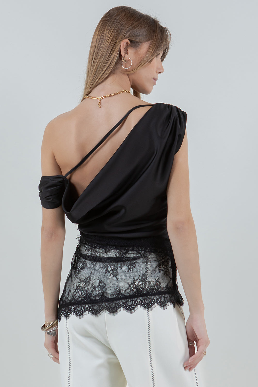 ASYMMETRICAL ONE SHOULDER SATIN LACE MIX TOP - BLACK