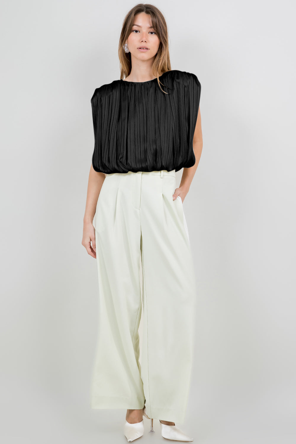 LUREX SATIN WOVEN BUBBLE TOP WITH SHOULDER PADDING - BLACK