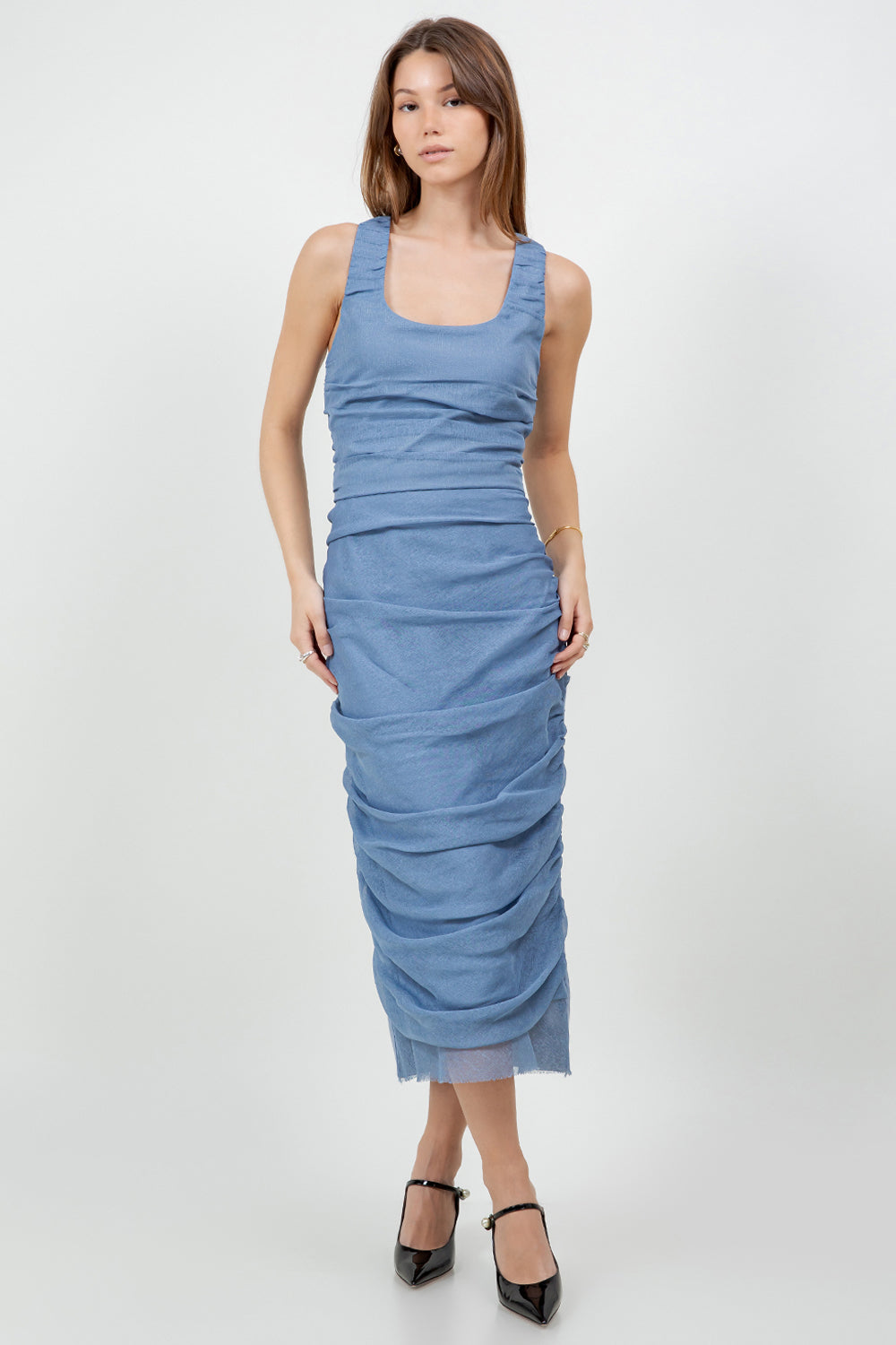 ORGANZA MIX RUCHED MIDI LENGTH SKIRT - DENIM BLUE