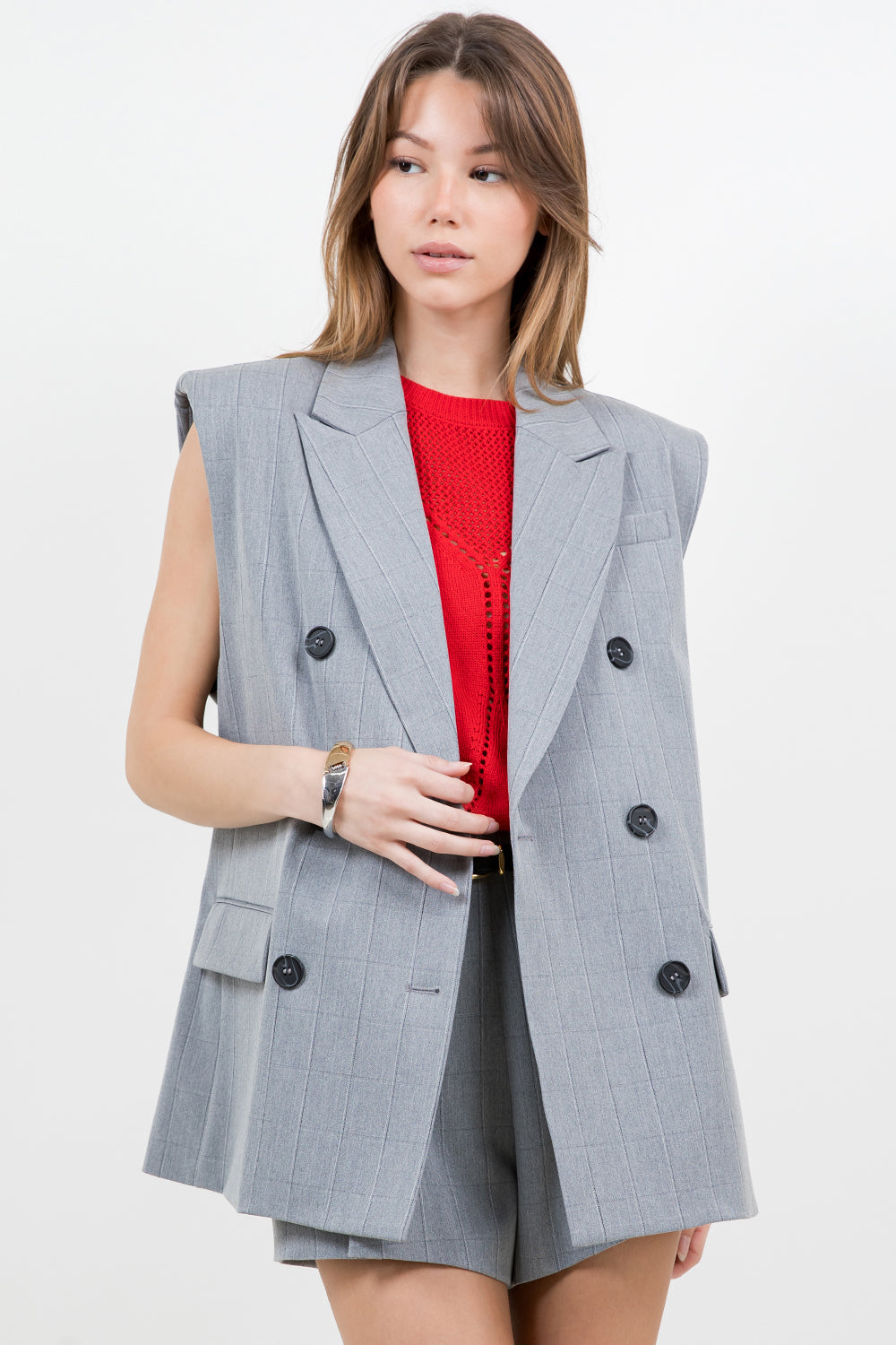 SHOULDER PADDED STRUCTURED WOVEN JACKET VEST - HEATHER GREY