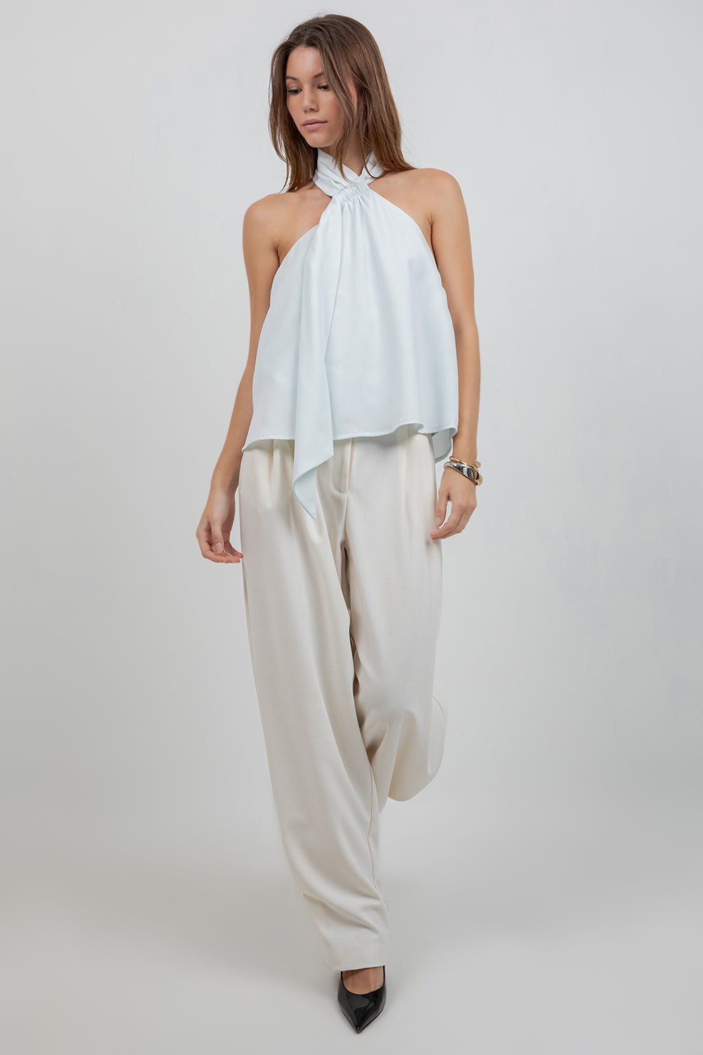 ADJUSTABLE HALTER SCARF NECK BLOUSE - ICE BLUE