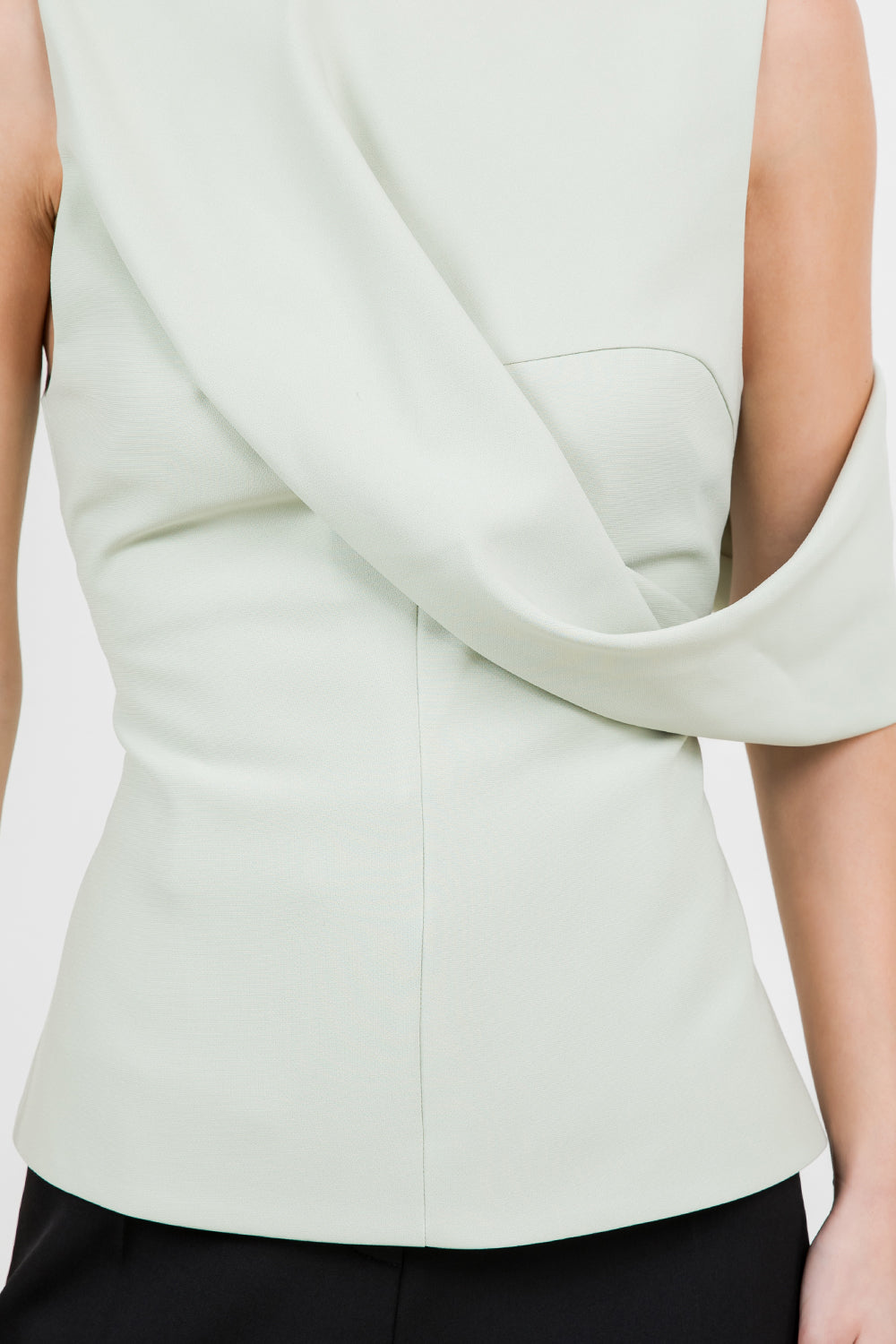 SOFT WOVEN DRAPE DETAILED SLEEVELESS FITTED TOP - SAGE