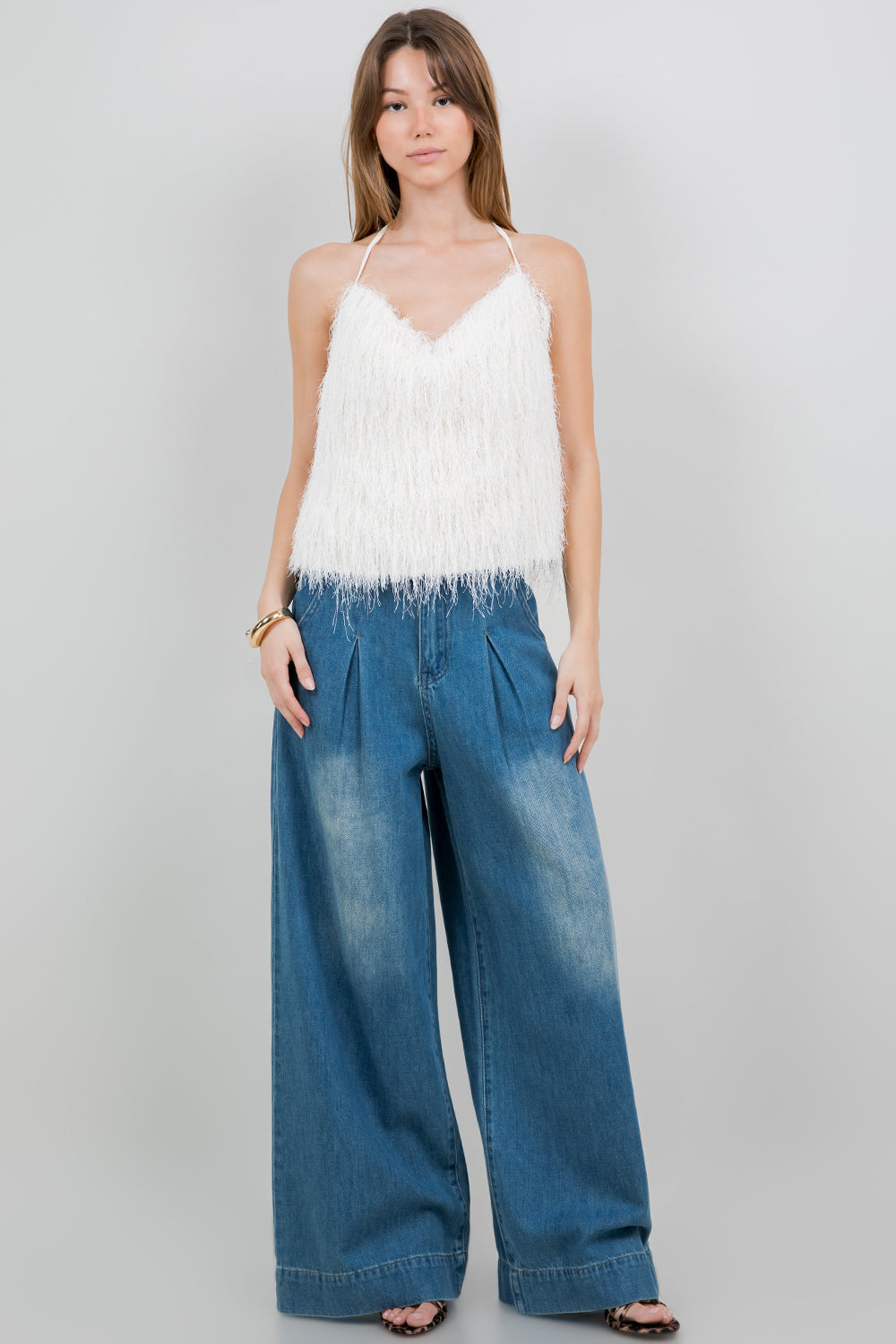 FUZZY FRINGE HALTER TANK TOP - IVORY