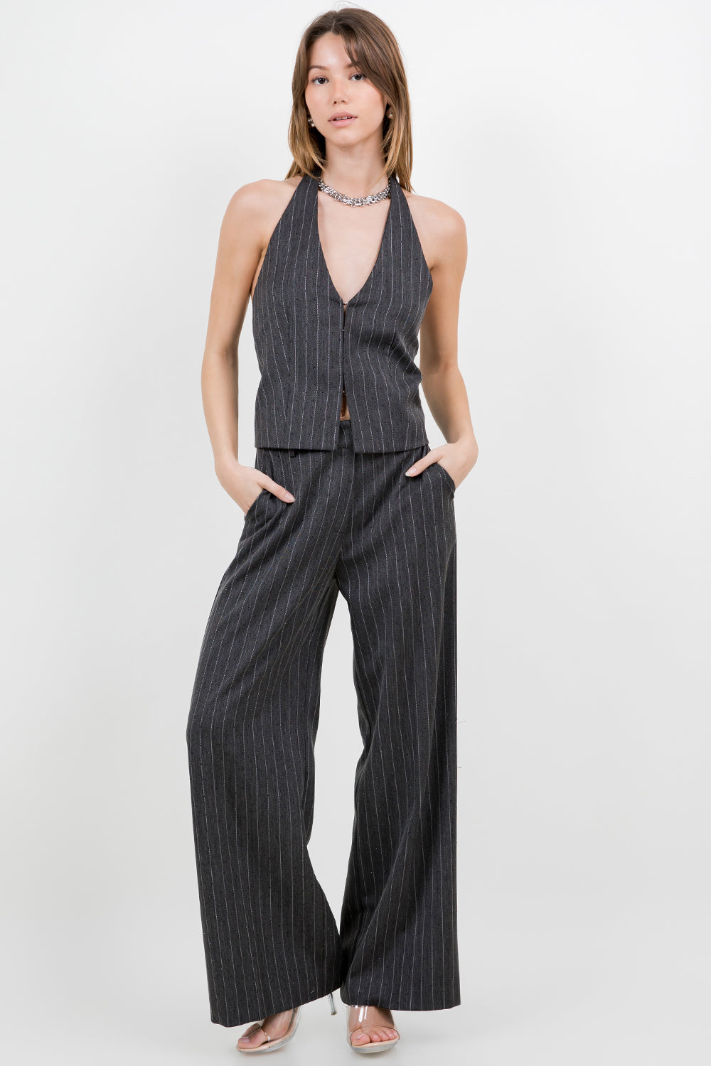 RHINESTONE EMBOSSED PINSTRIPE HALTER TOP - CHARCOAL