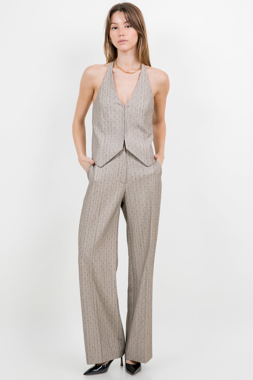 RHINESTONE EMBOSSED PINSTRIPE STRAIGHT LEG TROUSERS - TAUPE