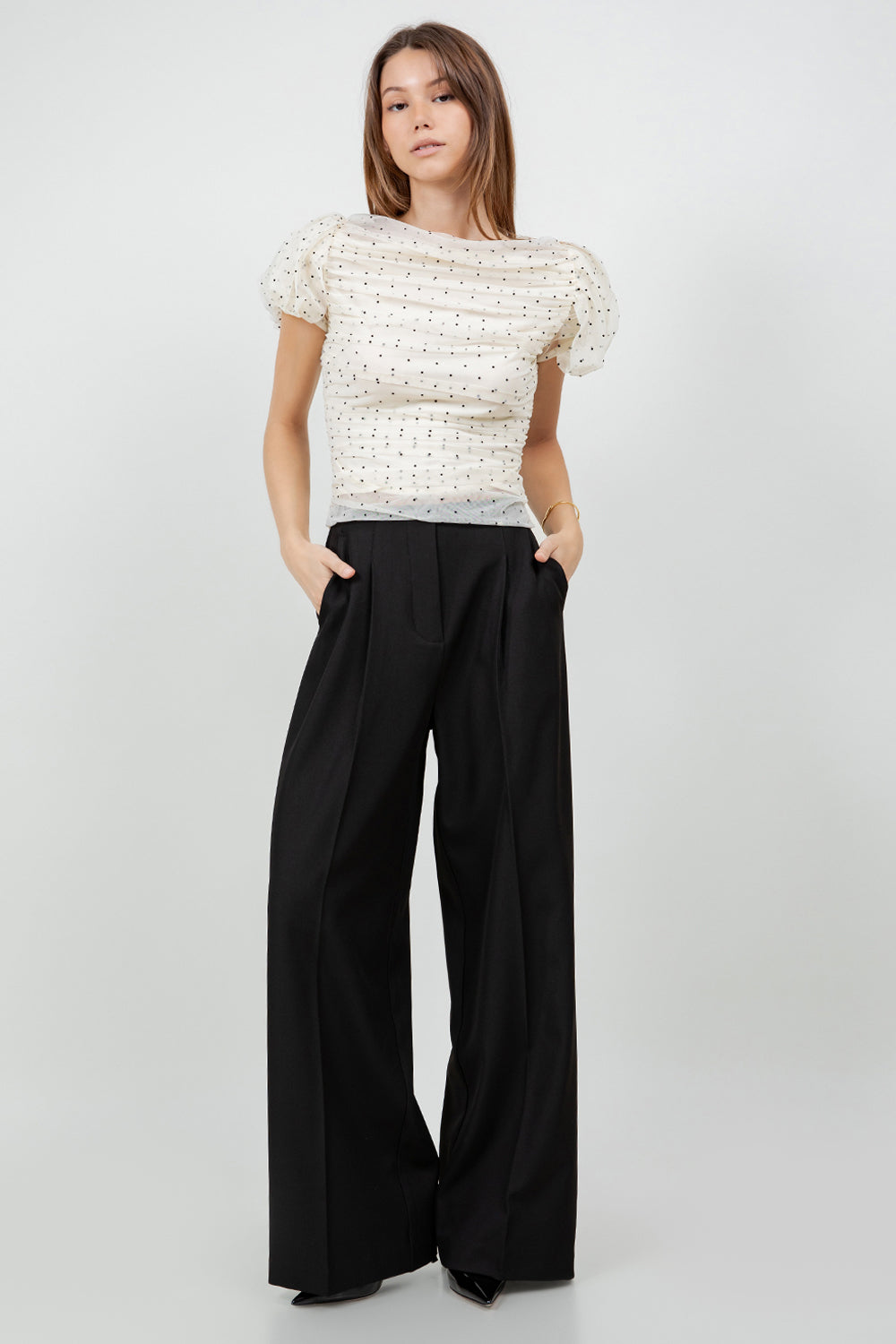 MESH POLKA DOT SHIRRING TOP WITH SHOULDER PADDING - IVORY