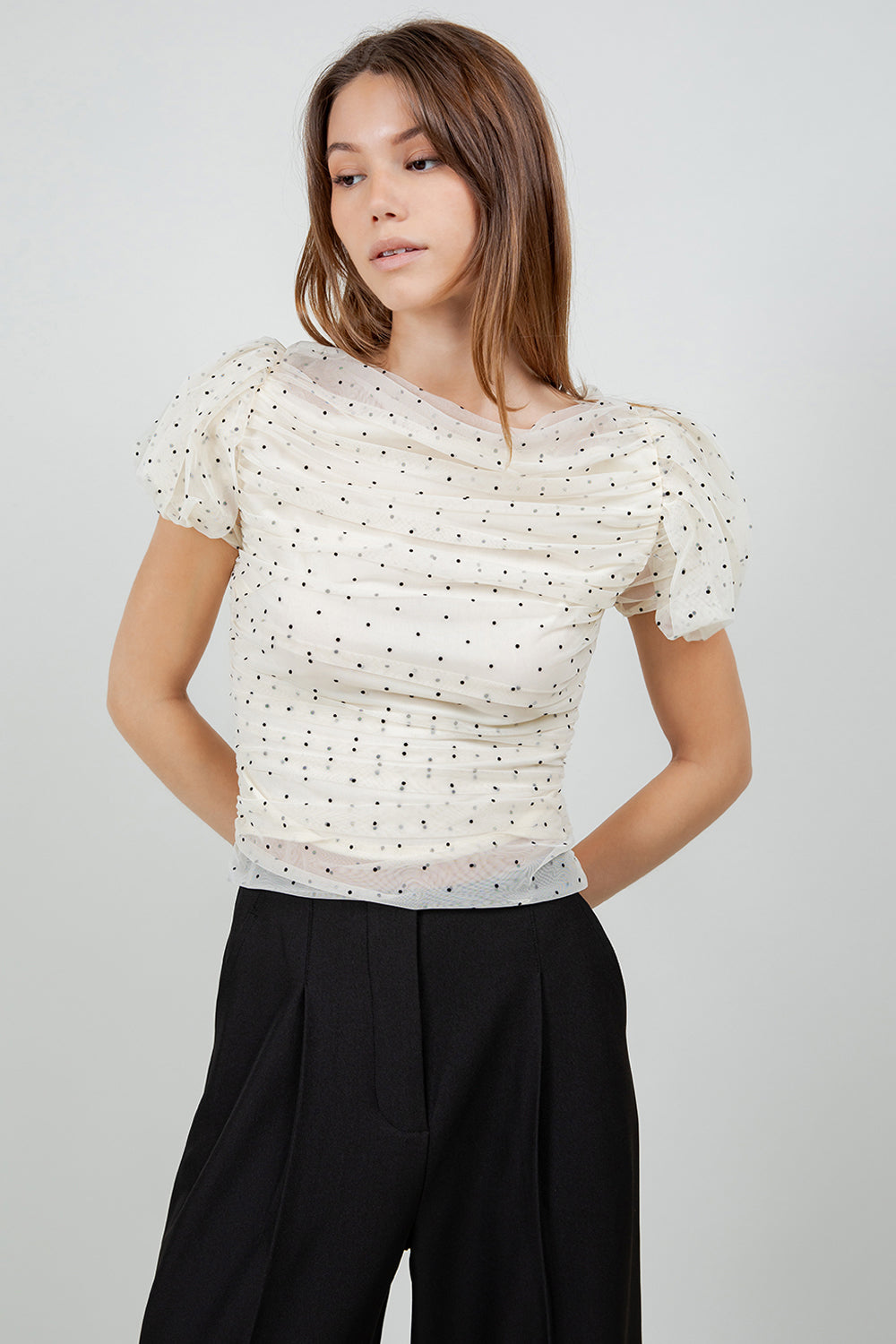 MESH POLKA DOT SHIRRING TOP WITH SHOULDER PADDING - IVORY