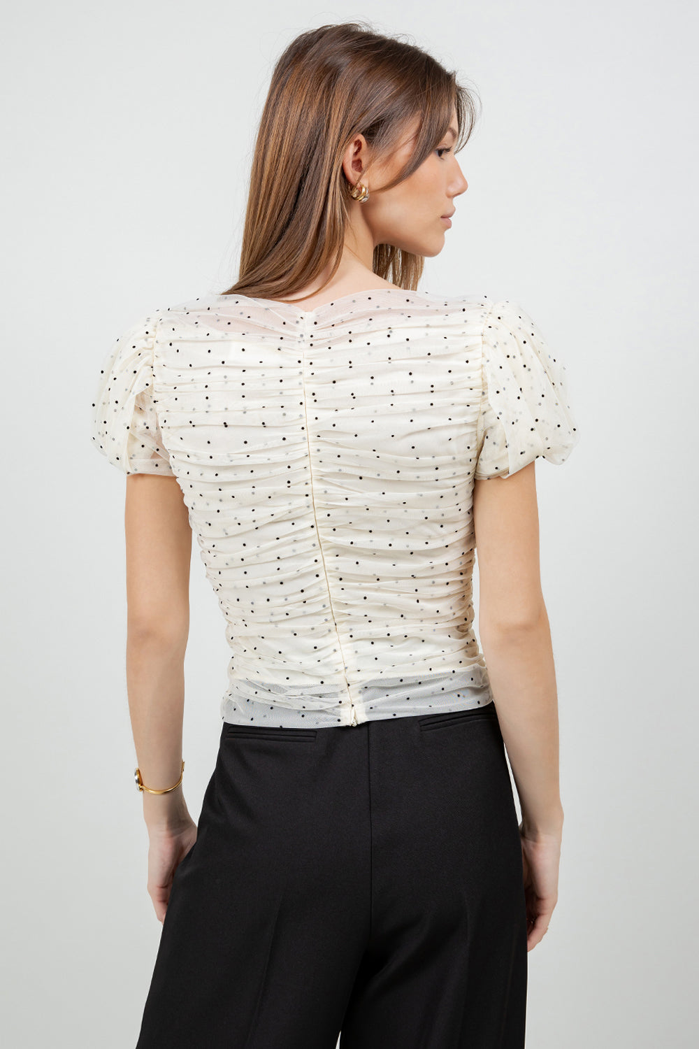 MESH POLKA DOT SHIRRING TOP WITH SHOULDER PADDING - IVORY