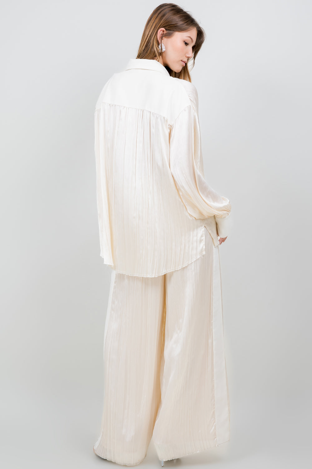 FLOWY SATIN CRINKLE DRAWSTRING PANTS - ECRU