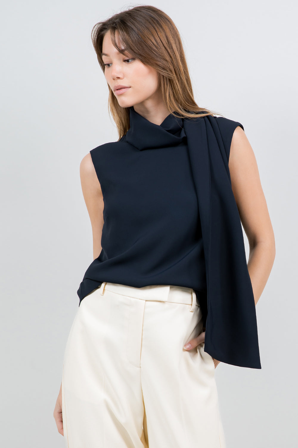 SCARF ATTACHED SOFT WOVEN SLEEVELESS BLOUSE - NAVY