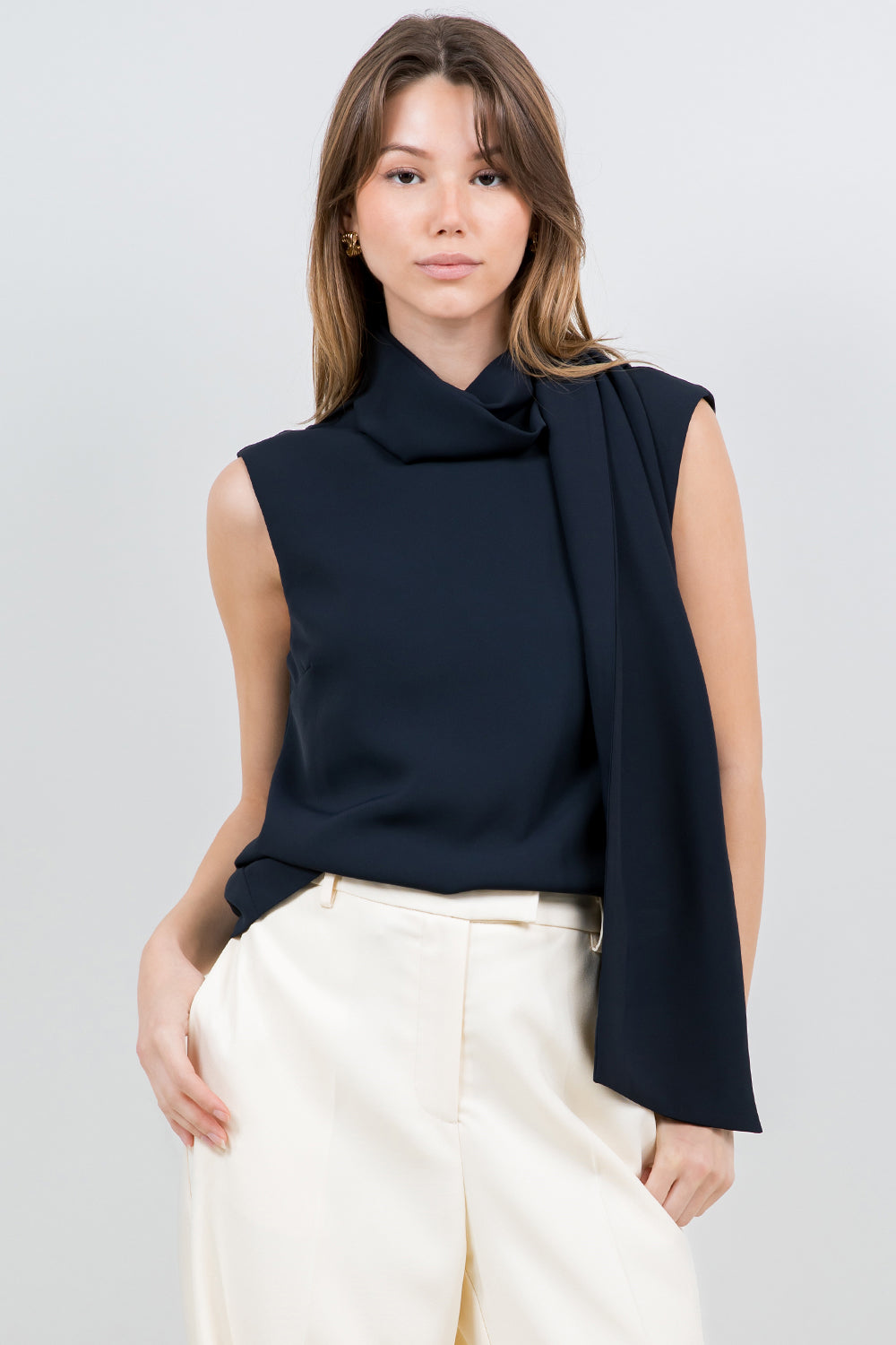 SCARF ATTACHED SOFT WOVEN SLEEVELESS BLOUSE - NAVY