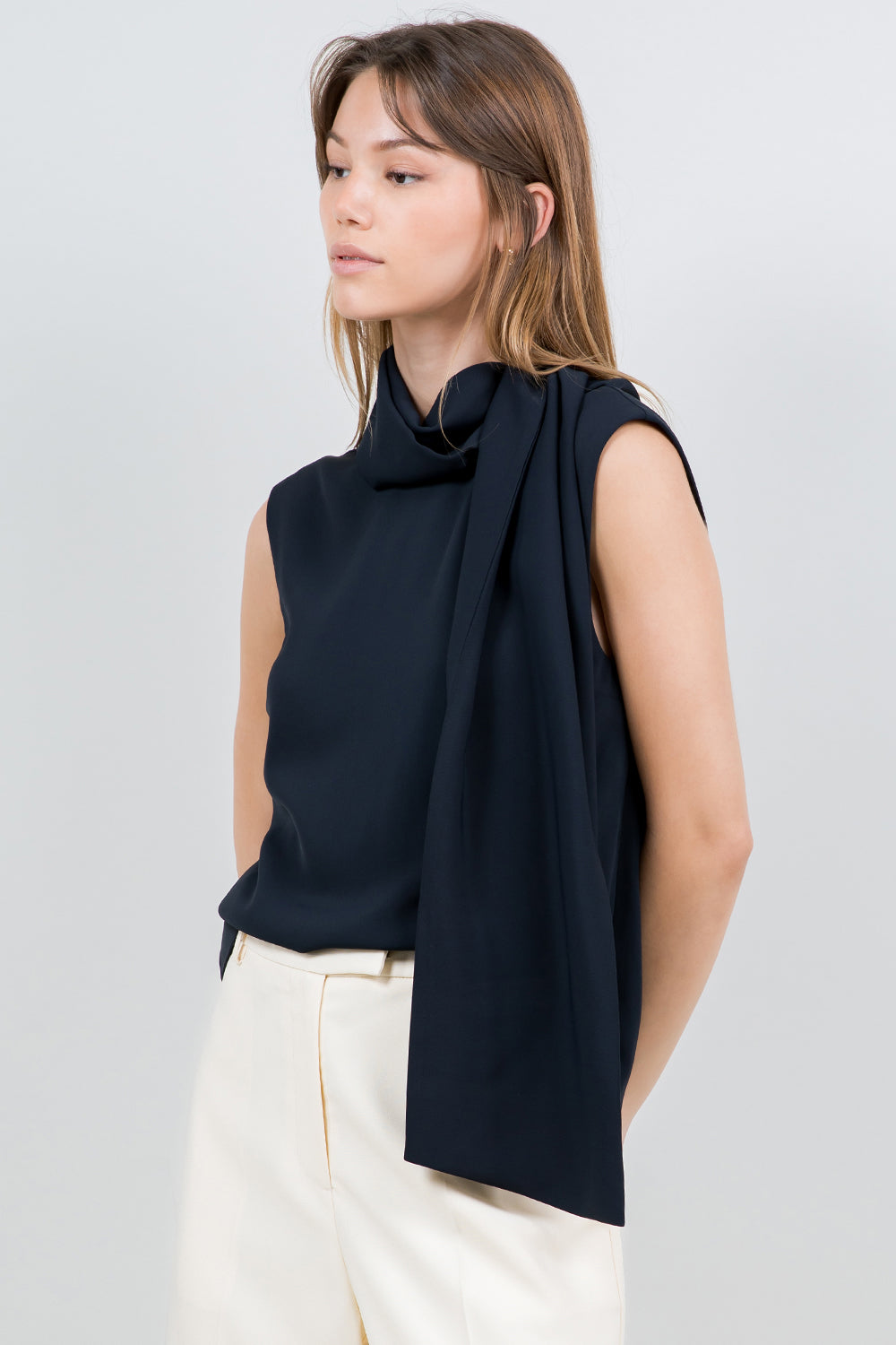 SCARF ATTACHED SOFT WOVEN SLEEVELESS BLOUSE - NAVY