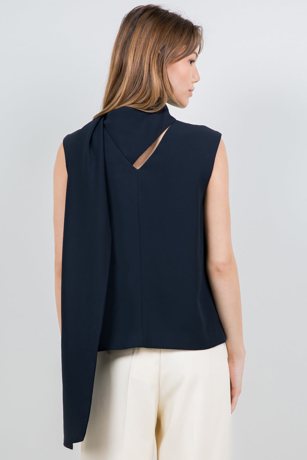 SCARF ATTACHED SOFT WOVEN SLEEVELESS BLOUSE - NAVY