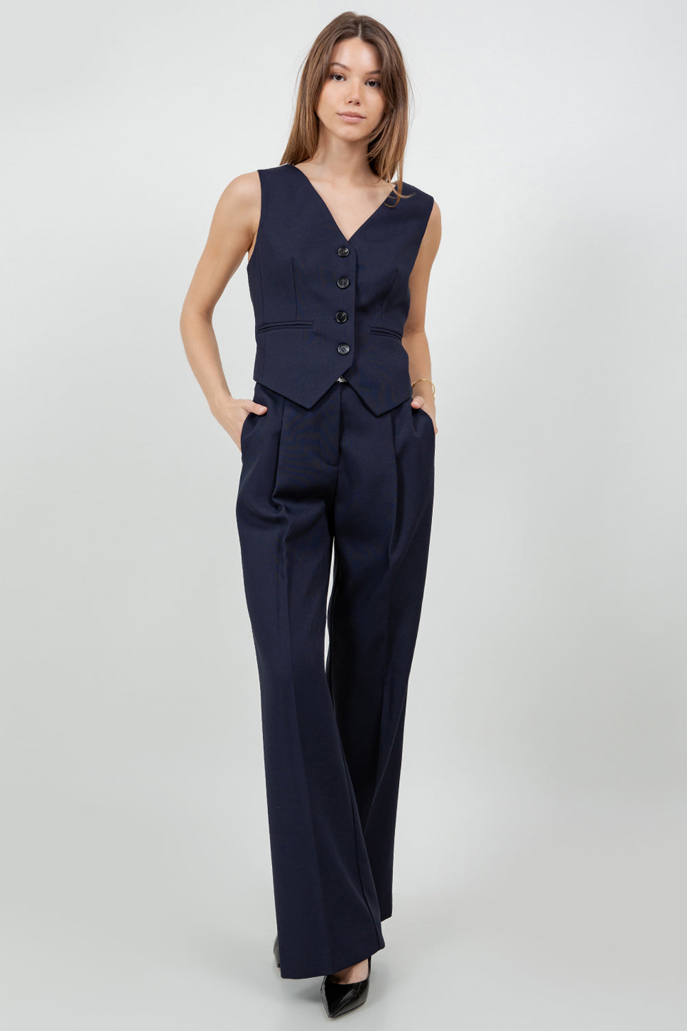 WOVEN VEST WITH CONTRAST CROCHET BACK - NAVY/WHITE