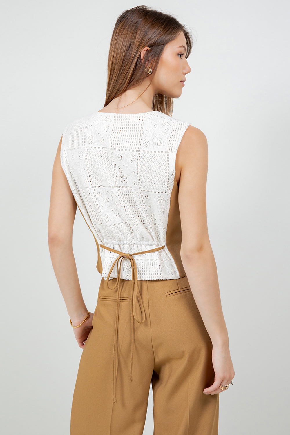 WOVEN VEST WITH CONTRAST CROCHET BACK - TAN/WHITE