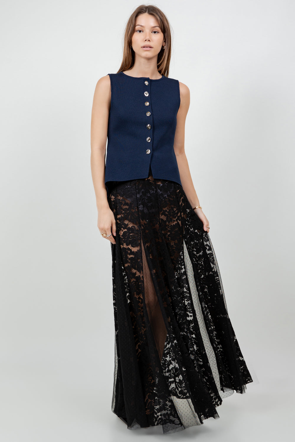 SHEER LACE MAXI SKIRT WITH ELASTIC WAISTBAND - BLACK