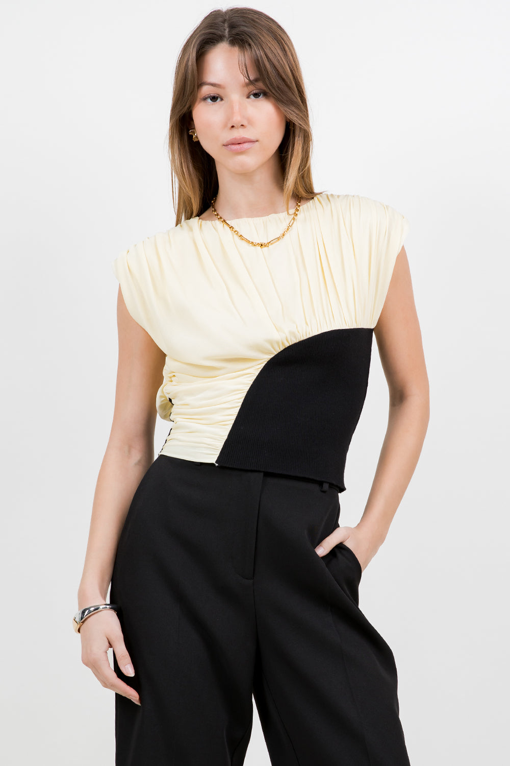 POWER MESH + KNITTED COMBO TOP W SHOULDER PADS - LEMON/BLACK