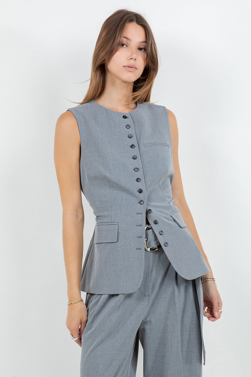 STRAIGHT LEG WOVEN TROUSERS WITH SELF BELT - GREY
