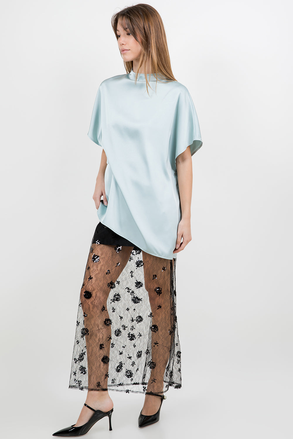 SEMI SHEER SEQUINED LACE MIDI SKIRT - BLACK